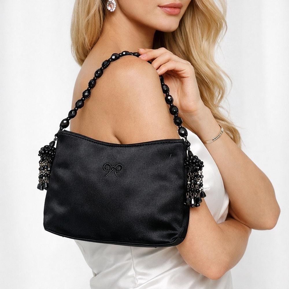 Anya Hindmarch Black Satin Beaded Mini Shoulder Bag Tassel Evening Y2K England